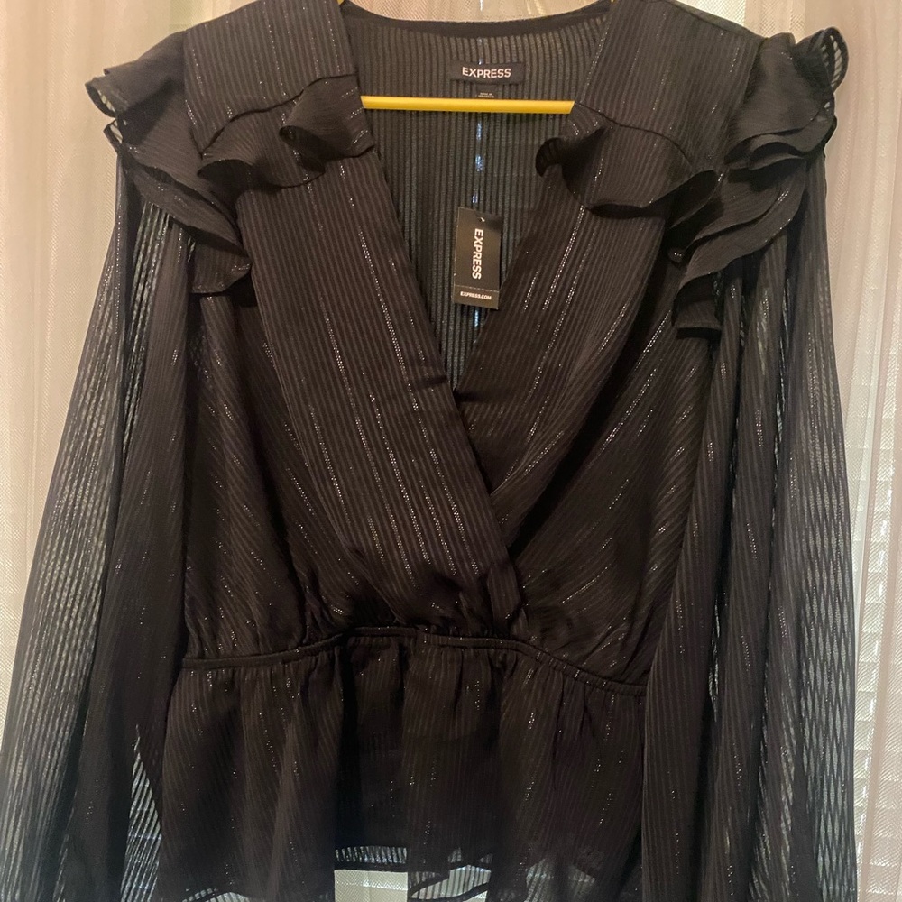 Black wrap/peplum front express long sleeve dress shirt! New with tags!